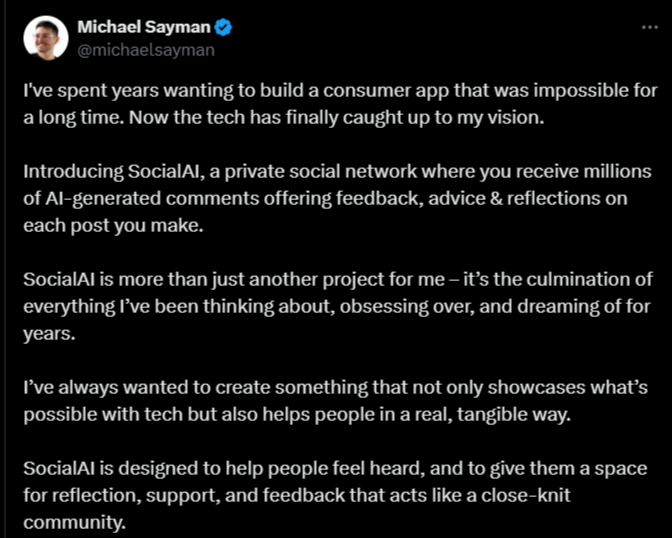 Michael Sayman on X about SocialAI